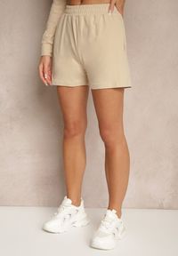 Renee - Beżowy Komplet z Bawełny w Sportowym Stylu Bluza z Kapturem i Szorty Izurea. Kolor: beżowy. Materiał: bawełna