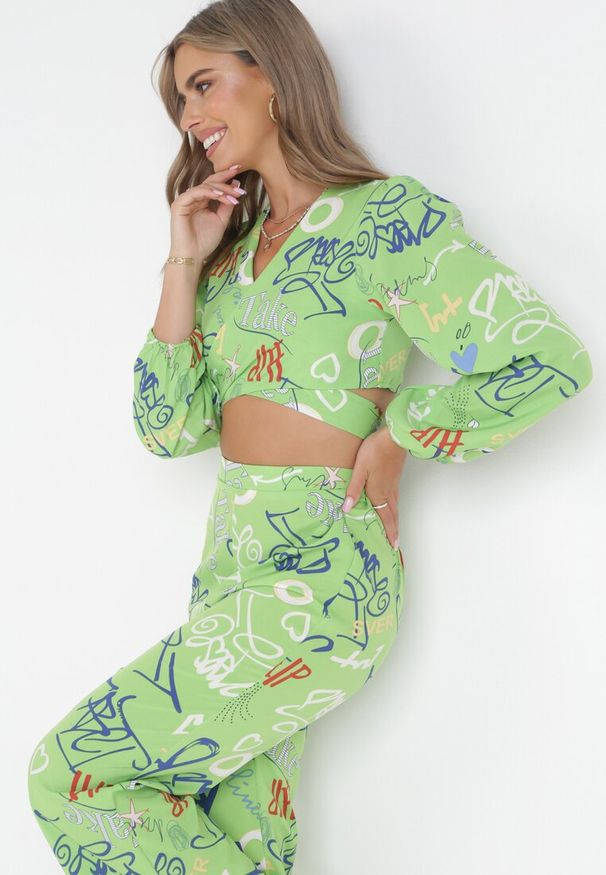 Born2be - Zielony 2-Częściowy Komplet Top z Długim Rękawem i Szerokie Spodnie Nehela. Kolor: zielony