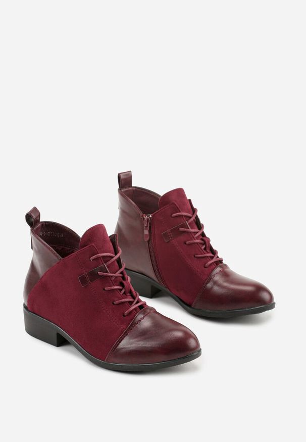 Renee - Bordowe Botki Vices ze Sznurowaną Cholewką i Wstawkami z Imitacji Zamszu Atavitte. Okazja: na co dzień. Kolor: czerwony. Materiał: zamsz. Szerokość cholewki: normalna. Styl: casual