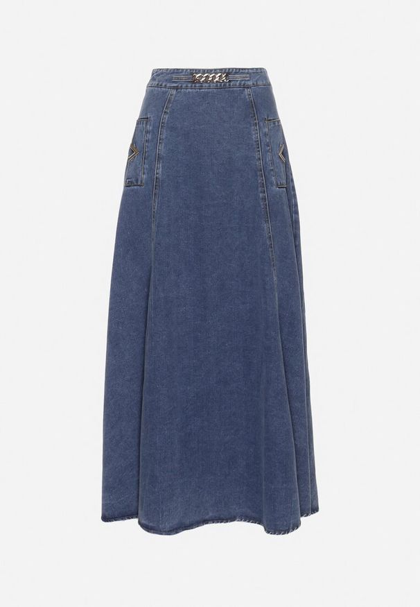 Born2be - Granatowa Bawełniana Spódnica Jeansowa Maxi Rozkloszowana z Łańcuszkiem Zallire. Kolor: niebieski. Materiał: jeans, bawełna. Styl: boho