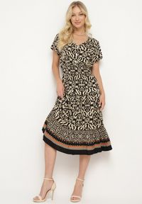 Born2be - Czarno-Beżowa Bawełniana Sukienka z Dekoltem w Serek Zapinana na Guziki z Gumką w Pasie Kelea. Okazja: na co dzień. Typ kołnierza: dekolt w serek. Kolor: czarny. Materiał: bawełna. Typ sukienki: proste. Styl: wizytowy, casual, klasyczny, elegancki #2