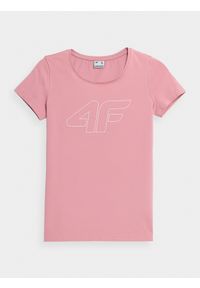 4f - T-shirt regular z nadrukiem damski. Kolor: różowy. Materiał: dzianina, bawełna. Wzór: nadruk