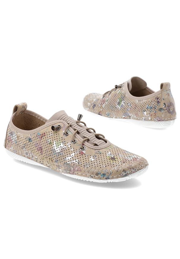 Beżowe Półbuty Artiker Stylowe Obuwie Damskie Na Płaskiej Podeszwie. Zapięcie: sznurówki. Kolor: beżowy. Materiał: skóra. Szerokość cholewki: normalna. Wzór: kwiaty. Obcas: na płaskiej podeszwie. Styl: elegancki