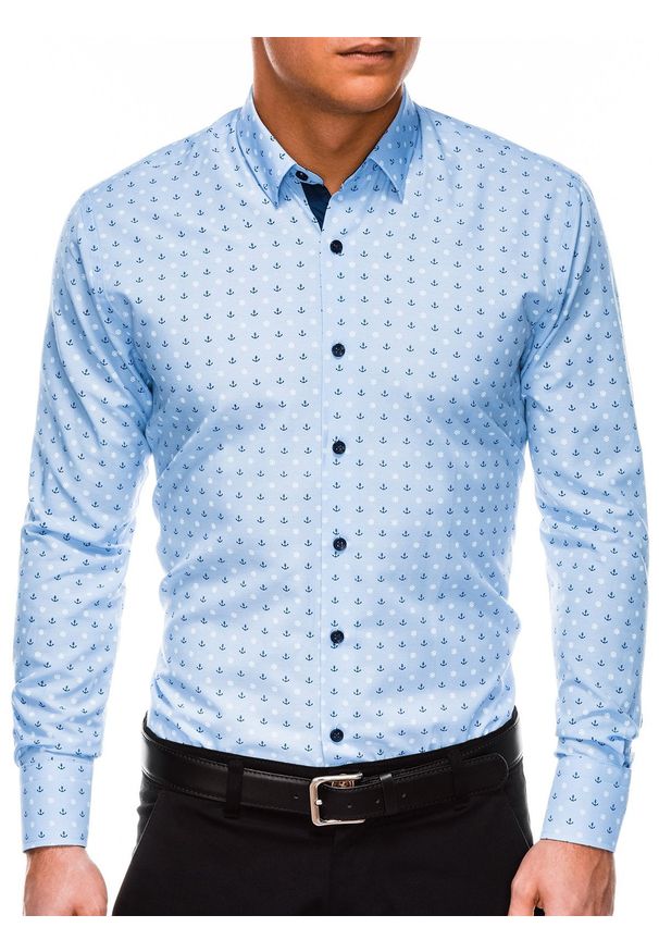 Ombre Clothing - Koszula męska w drobny wzór REGULAR FIT K314 - błękitna - XXL. Okazja: do pracy, na spotkanie biznesowe. Kolor: niebieski. Materiał: bawełna, poliester. Styl: klasyczny, biznesowy
