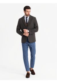 Ombre Clothing - Męska elegancka marynarka w kratkę z domieszką wełny – ciemnobrązowa V3 - Rozmiar: S. Kolor: szary. Materiał: wełna. Wzór: kratka. Styl: elegancki #10