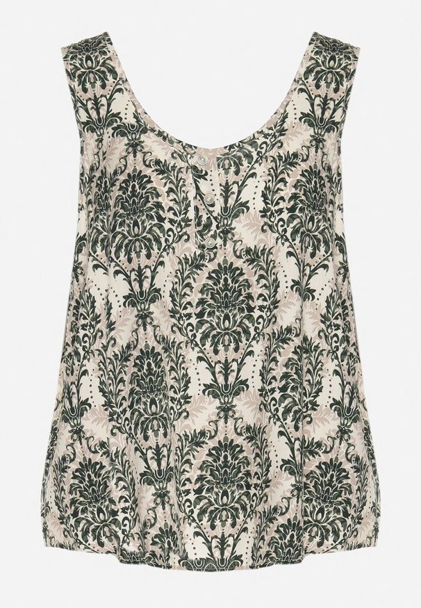 Born2be - Zielono-Beżowa Bluzka z Bawełny ze Wzorem Boho Napolea. Kolor: zielony. Materiał: bawełna. Styl: boho