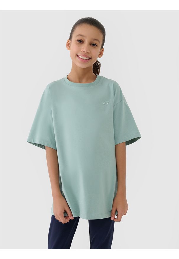 4f - 4F T-shirt oversize gładki dziewczęcy - turkusowy 134 (8-9 lat). Okazja: na co dzień. Kolor: turkusowy. Materiał: dzianina, bawełna, jersey. Wzór: gładki. Sezon: lato. Styl: klasyczny, sportowy, casual