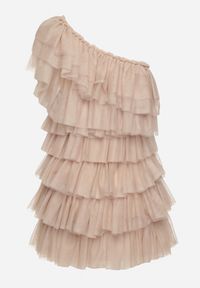 Born2be - Jasnobeżowa Sukienka Mini na Jedno Ramię Asymetryczna z Falbankami Nomenta. Typ kołnierza: kołnierz z falbankami. Kolor: beżowy. Typ sukienki: asymetryczne. Długość: mini #2