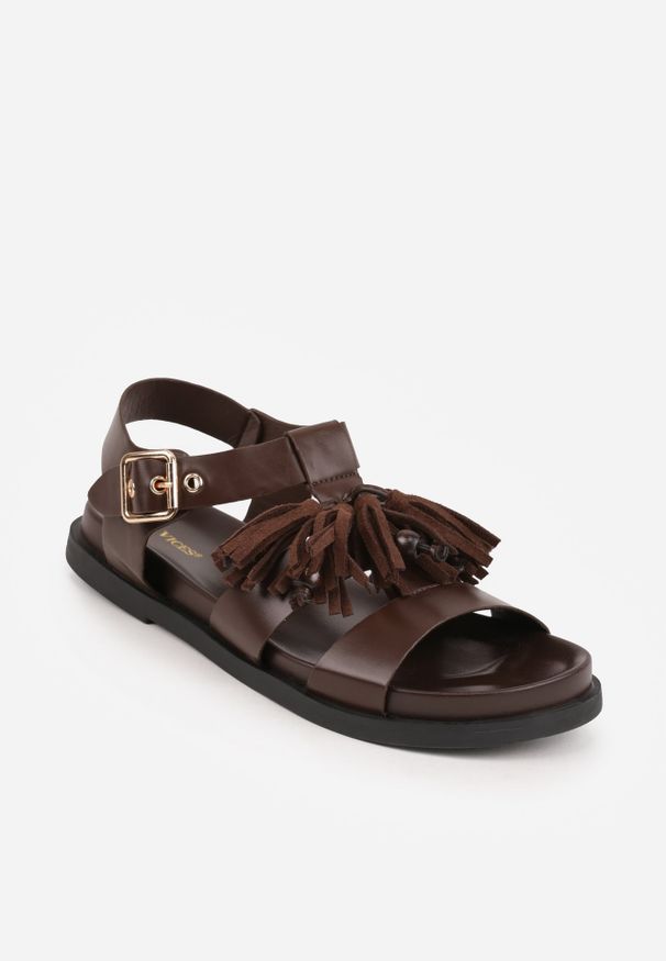 Renee - Ciemnobrązowe Boho Sandały VICES z Ozdobnymi Koralikami i Frędzlami Eluthera. Zapięcie: klamry. Kolor: brązowy. Sezon: lato. Styl: boho