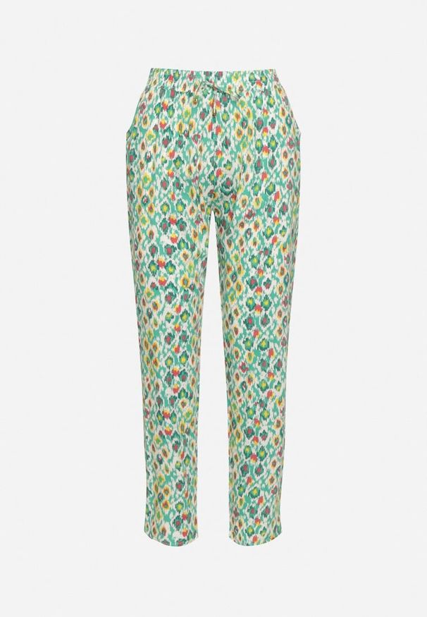 Born2be - Zielone Wiskozowe Spodnie z Wysokim Stanem i Gumką w Talii Calfea. Okazja: na co dzień. Stan: podwyższony. Kolor: zielony. Materiał: wiskoza. Styl: casual