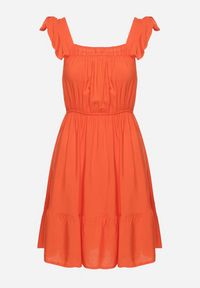 Born2be - Pomarańczowa Sukienka z Wiskozą o Rozkloszowanym Kroju z Gumką w Pasie Lirimere. Okazja: na co dzień. Typ kołnierza: kołnierz z falbankami. Kolor: pomarańczowy. Materiał: wiskoza. Długość rękawa: na ramiączkach. Styl: elegancki, casual #6