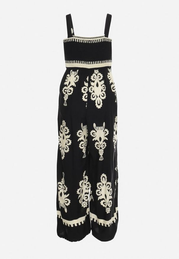 Born2be - Czarno-Beżowy Kombinezon z Wiskozy na Ramiączkach z Marszczoną Górą i Długimi Nogawkami Teseria. Okazja: na co dzień. Kolor: czarny. Materiał: wiskoza. Długość rękawa: na ramiączkach. Długość: długie. Styl: casual, elegancki, klasyczny