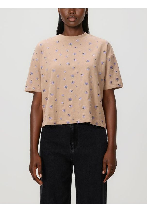 Reserved - T-shirt z haftem - beżowy. Kolor: beżowy. Materiał: dzianina, bawełna. Wzór: haft