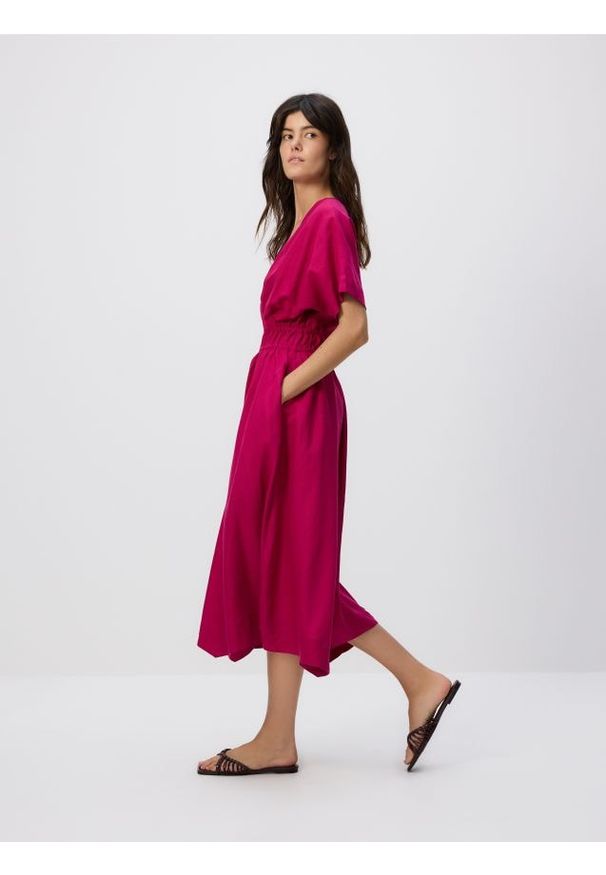 Reserved - Sukienka z lnem - fuksja. Kolor: różowy. Materiał: len