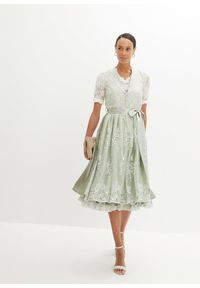 bonprix - Krótka bluzka koronkowa w ludowym stylu, z guzikiem. Kolor: biały. Materiał: koronka. Długość rękawa: krótki rękaw. Długość: krótkie. Wzór: kwiaty, koronka #2