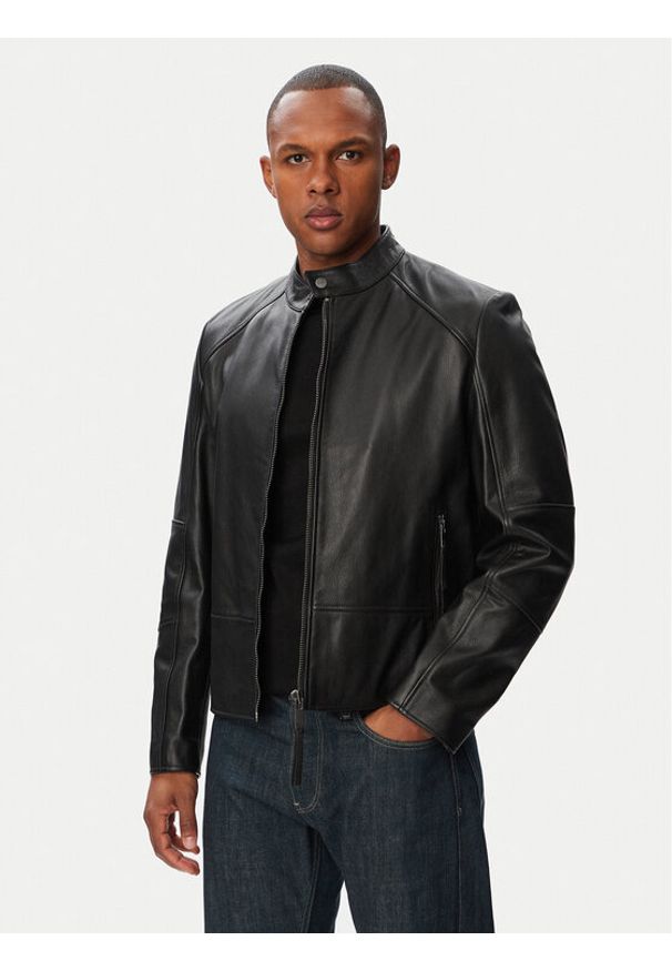 Hugo - HUGO Kurtka skórzana Likos 50564039 Czarny Slim Fit. Kolor: czarny. Materiał: skóra