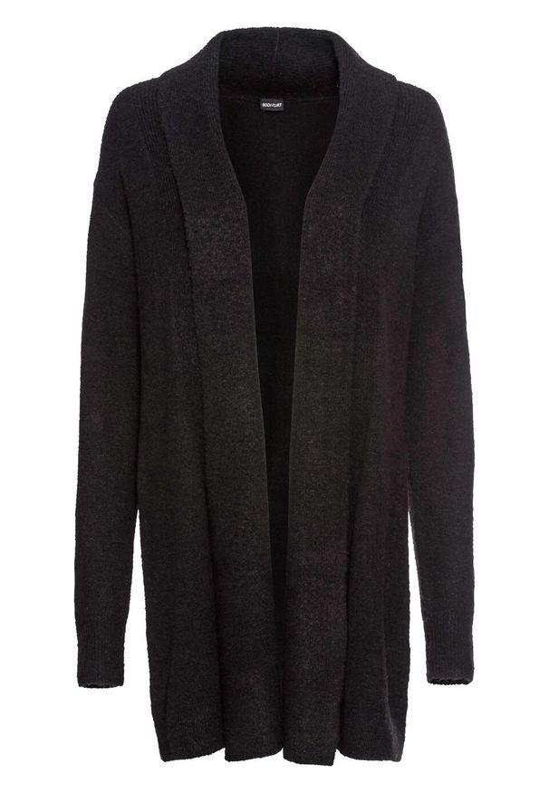 Sweter bez zapięcia z szalowym kołnierzem bonprix czarny. Kolor: czarny. Długość: długie. Wzór: prążki