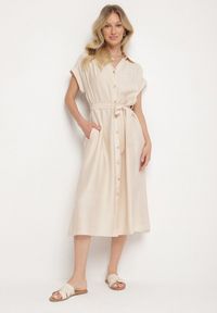 Born2be - Beżowa Wiskozowa Sukienka Koszulowa z Paskiem Rinaruna. Okazja: na co dzień. Kolor: beżowy. Materiał: wiskoza. Typ sukienki: koszulowe. Styl: casual, elegancki #1