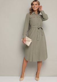 Born2be - Zielona Bawełniana Sukienka Koszulowa z Wiązanym Paskiem Zintrona. Okazja: na co dzień. Kolor: zielony. Materiał: bawełna. Typ sukienki: koszulowe. Styl: casual #6
