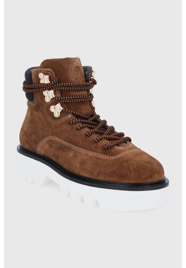 Furla Workery zamszowe Rita Hiking Boot damskie kolor brązowy na płaskim obcasie lekko ocieplone. Nosek buta: okrągły. Zapięcie: sznurówki. Kolor: brązowy. Materiał: zamsz. Obcas: na obcasie. Wysokość obcasa: niski