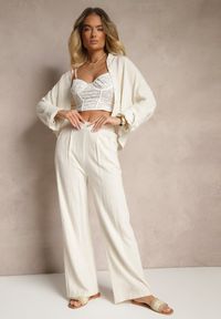 Renee - Beżowe Spodnie z Lnem i Bawełną o Szerokim Kroju High Waist Sallieta. Okazja: na co dzień. Stan: podwyższony. Kolor: beżowy. Materiał: bawełna, len. Styl: casual #4