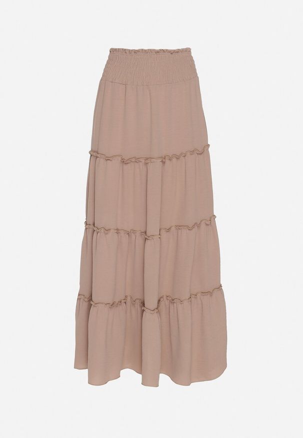 Born2be - Beżowa Spódnica o Rozkloszowanym Kroju z Falbankami i Gumką w Talii Dovinala. Okazja: na co dzień. Kolor: beżowy. Styl: elegancki, klasyczny, casual