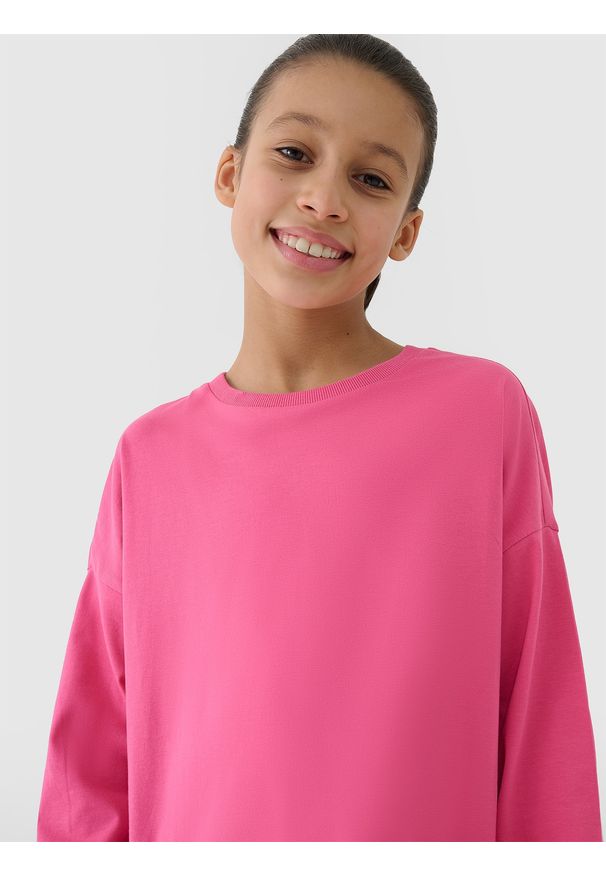 4f - 4F Longsleeve oversize gładki dziewczęcy - różowy 140 (9-10 lat). Okazja: na co dzień. Kolor: różowy. Materiał: jersey, bawełna, dzianina. Długość rękawa: długi rękaw. Długość: długie. Wzór: gładki. Sezon: lato. Styl: sportowy, klasyczny, casual