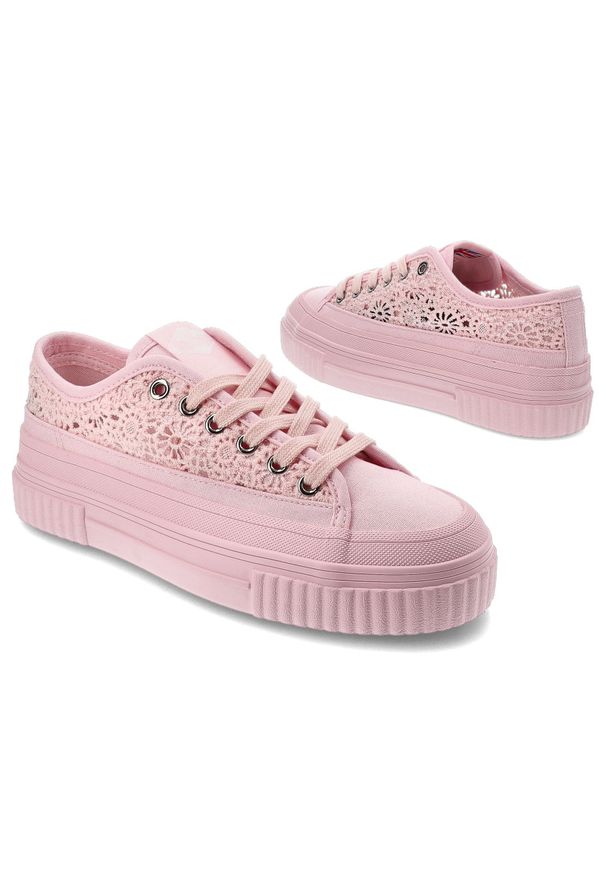 Różowe Koronkowe Trampki Lee Cooper Eleganckie Obuwie Damskie. Okazja: na co dzień. Kolor: różowy. Materiał: koronka. Styl: elegancki