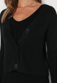 Born2be - Czarny Komplet z Prążkowanej Dzianiny z Kardiganem i Sukienką Elarisa. Kolor: czarny. Materiał: prążkowany, dzianina #3