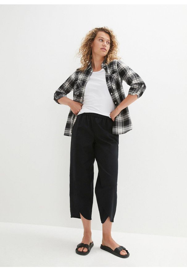 bonprix - Spodnie 3/4 z przewiewnej mieszanki lnu. Stan: podwyższony. Kolor: czarny. Materiał: len