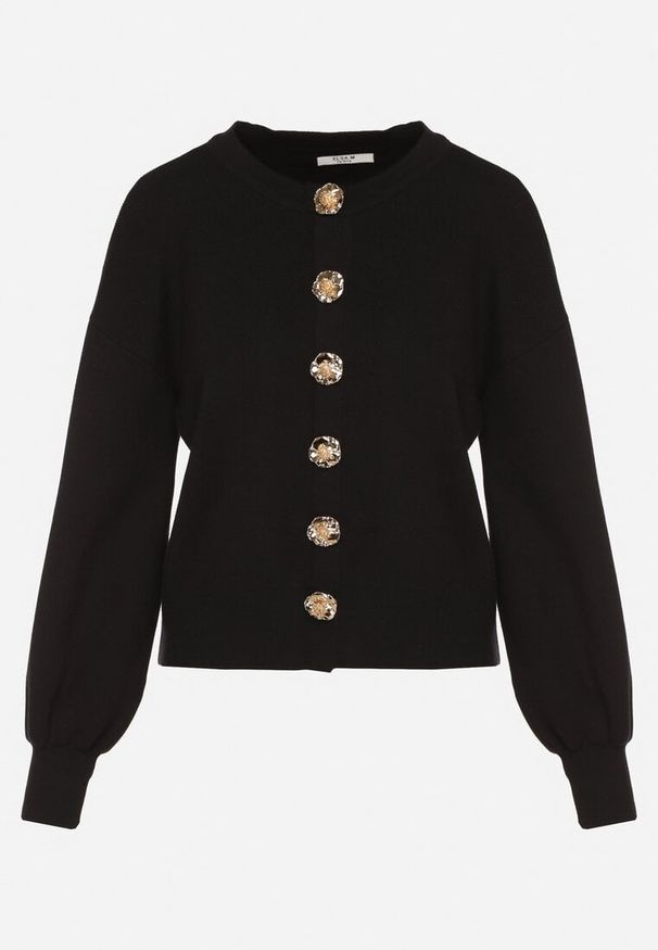 Born2be - Czarny Kardigan z Wiskozą z Ozdobnymi Napami i Bufiastymi Rękawami Acallte. Okazja: do pracy. Kolor: czarny. Materiał: wiskoza. Styl: klasyczny, elegancki