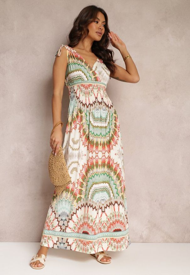 Renee - Zielona Sukienka z Wiskozy ze Wzorem Tie Dye z Gumką w Talii Brisea. Kolor: zielony. Materiał: wiskoza. Długość rękawa: bez rękawów. Sezon: lato, wiosna. Typ sukienki: kopertowe