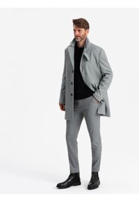 Ombre Clothing - Wzorzysty jednorzędowy męski płaszcz z kieszeniami – szary V3 - Rozmiar: XXL. Typ kołnierza: kołnierz rewers. Kolor: szary. Materiał: syntetyk, tkanina, poliester, materiał. Wzór: ze splotem