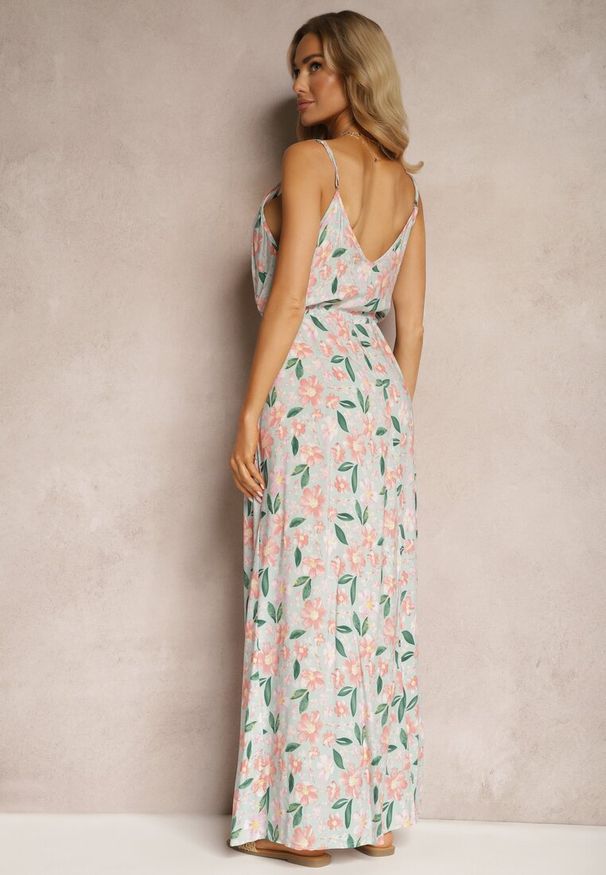 Renee - Jasnozielona Wiskozowa Sukienka ze Ściągaczem na Regulowanych Ramiączkach w Kwiaty Abcolia. Typ kołnierza: dekolt w kształcie V. Kolor: zielony. Materiał: wiskoza. Długość rękawa: na ramiączkach. Wzór: kwiaty. Sezon: lato