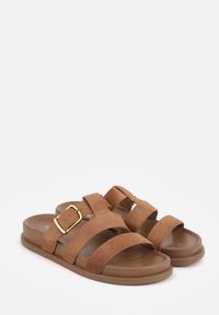 Born2be - Jasnobrązowe Klapki z Geometryczną Cholewką i Klamrą z Boku Endrita. Okazja: na co dzień. Kolor: brązowy. Wzór: geometria. Styl: casual, klasyczny #3