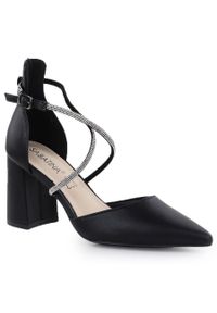 Sandały damskie na słupku z cyrkoniami czarne Sabatina 750-1. Kolor: czarny. Materiał: skóra ekologiczna. Obcas: na słupku #1