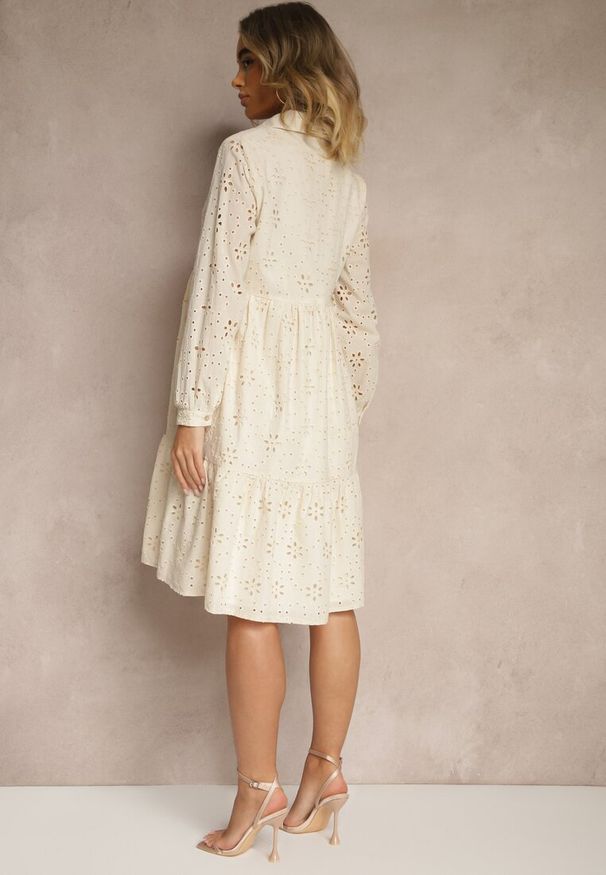 Renee - Beżowa Haftowana Sukienka z Bawełny Folisse. Kolor: beżowy. Materiał: bawełna. Wzór: haft. Styl: elegancki