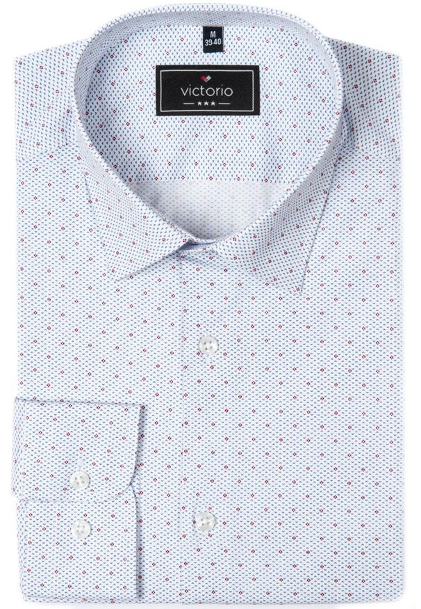 Elegancka Koszula o Taliowanym Kroju - Victorio - Drobny Groszek, Błękit. Kolor: niebieski. Materiał: poliester, bawełna, elastan. Wzór: grochy. Styl: elegancki