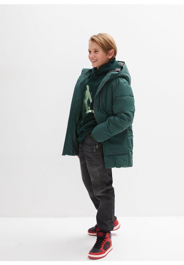 bonprix - Bluza z kapturem z miękkiej mieszanki bawełny. Typ kołnierza: kaptur. Kolor: zielony. Materiał: bawełna. Wzór: nadruk