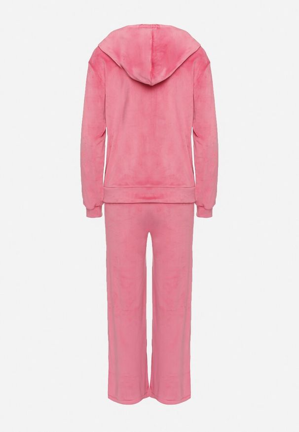 Born2be - Fuksjowy Komplet Dresowy Welurowy z Ozdobnym Lampasem Spodnie Joggery i Bluza z Kapturem Jalrinna. Kolor: różowy. Materiał: dresówka, welur