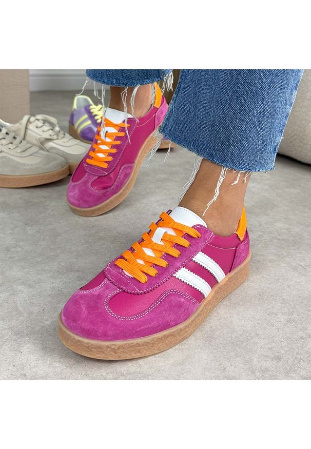 Fuksja skórzane półbuty damskie S.Barski 7059. Okazja: na co dzień. Zapięcie: sznurówki. Kolor: różowy. Materiał: skóra. Szerokość cholewki: normalna. Sezon: wiosna, jesień, lato. Styl: casual, elegancki, klasyczny