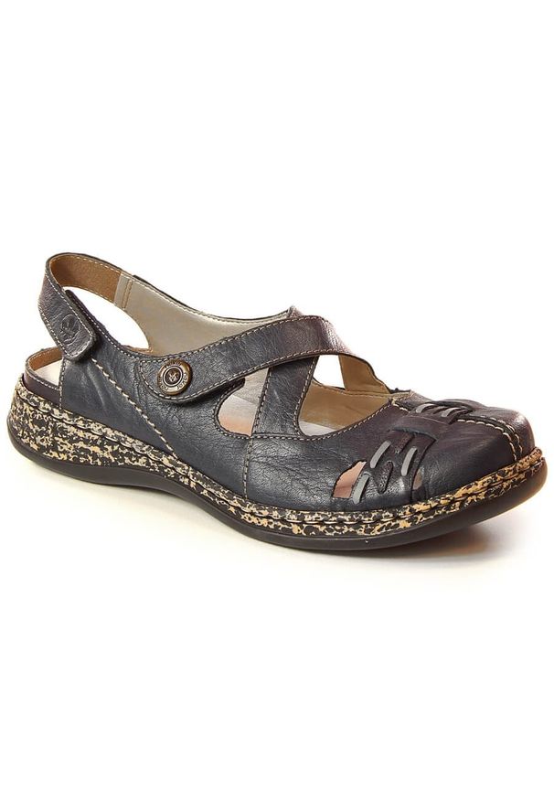 Skórzane komfortowe sandały damskie na rzep granatowe Rieker 46377-14 niebieskie. Zapięcie: rzepy. Kolor: niebieski. Materiał: skóra