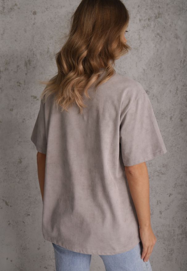 Renee - Szary Bawełniany T-shirt Oversize z Haftowanym Napisem z Cekinami Talomora. Okazja: na imprezę, na co dzień. Kolor: szary. Materiał: bawełna. Wzór: haft, napisy. Styl: rockowy, casual