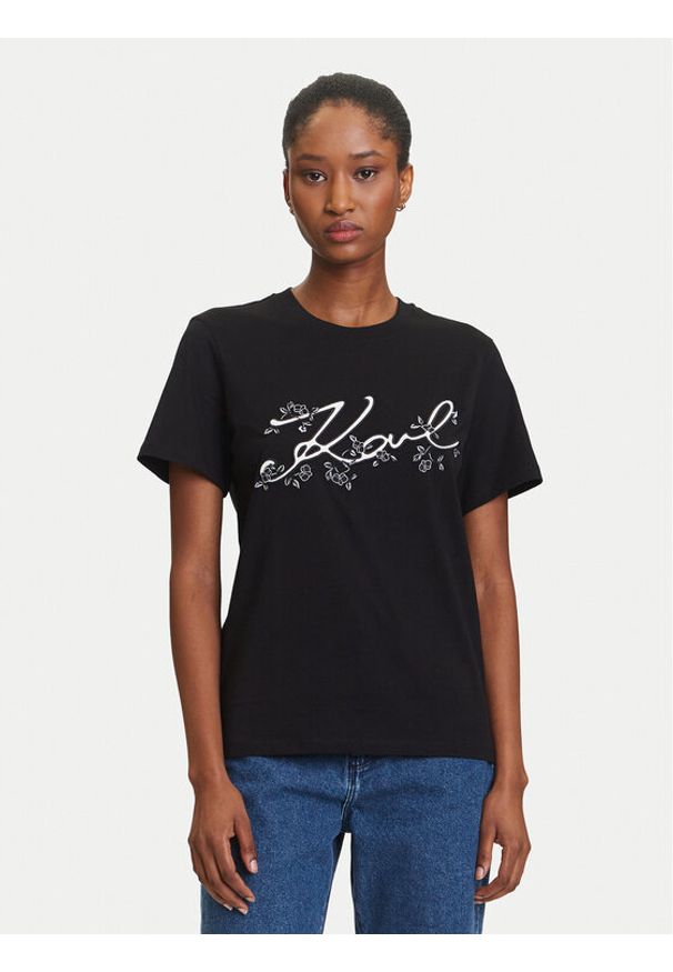 Karl Lagerfeld - KARL LAGERFELD T-Shirt A3W17018 Czarny Regular Fit. Typ kołnierza: dekolt w karo. Kolor: czarny. Materiał: bawełna