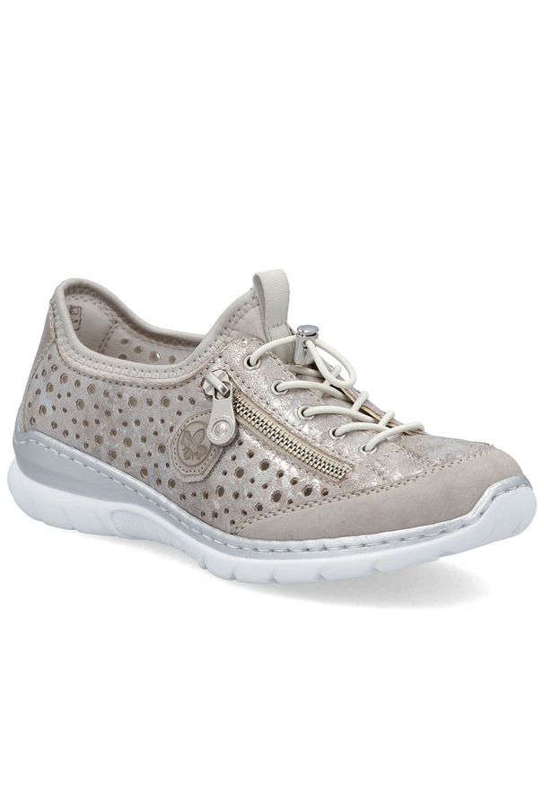 Półbuty damskie komfortowe ażurowe beżowe posrebrzane Rieker L32P6-90. Kolor: beżowy. Materiał: skóra ekologiczna. Wzór: ażurowy