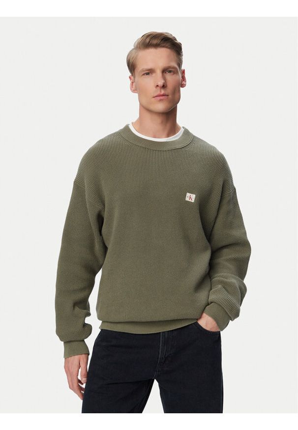 Calvin Klein Jeans Sweter LV04RD313G Zielony ciemny Regular Fit. Kolor: zielony. Materiał: bawełna