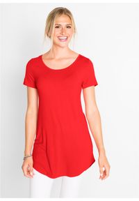 bonprix - Długi shirt z przyjaznej dla środowiska wiskozy, krótki rękaw. Kolor: czerwony. Materiał: wiskoza. Długość rękawa: krótki rękaw. Długość: krótkie. Wzór: gładki #1