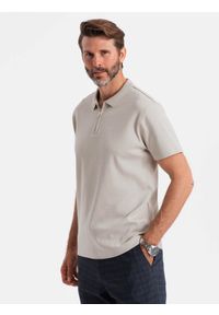 Ombre Clothing - Męska koszulka polo z zapinanym na zamek kołnierzykiem – popielata V2 - Rozmiar: S. Typ kołnierza: polo. Kolor: szary. Materiał: bawełna, dzianina. Wzór: gładki, aplikacja. Styl: elegancki, sportowy