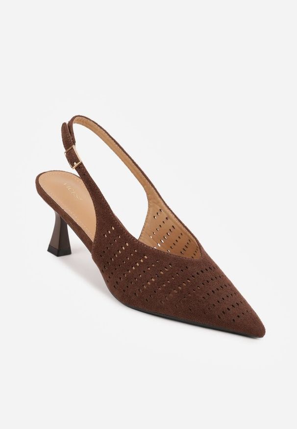 Renee - Ciemnobrązowe Czółenka Slingback VICES na Kaczuszce z Ażurową Cholewką Klephei. Okazja: na co dzień. Nosek buta: szpiczasty. Kolor: brązowy. Szerokość cholewki: normalna. Wzór: ażurowy. Materiał: jeans, satyna. Obcas: na szpilce. Styl: elegancki, retro, casual. Wysokość obcasa: średni