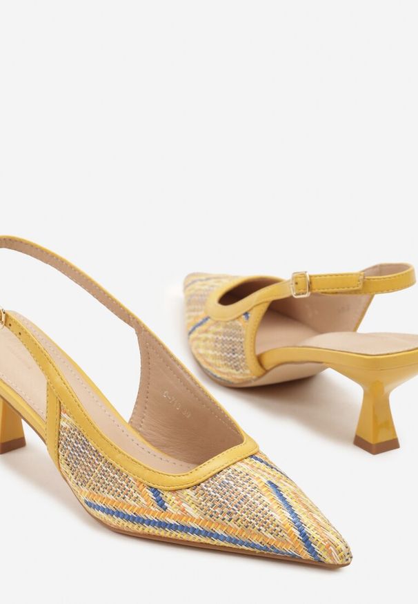 Renee - Żółte Plecione Sandały Slingback na Obcasie Typu Kaczuszka Kosenela. Okazja: do pracy, na spotkanie biznesowe, na co dzień. Nosek buta: szpiczasty. Kolor: żółty. Obcas: na obcasie. Styl: casual, elegancki, biznesowy. Wysokość obcasa: średni